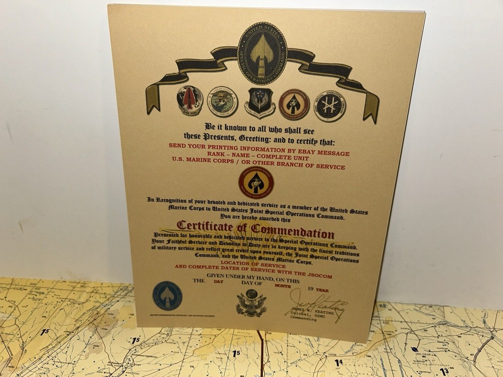USMC / MARINE CORPS SPECIAL OPERATIONS COMMAND ~ CERTIFICATE OF COMMENDATION