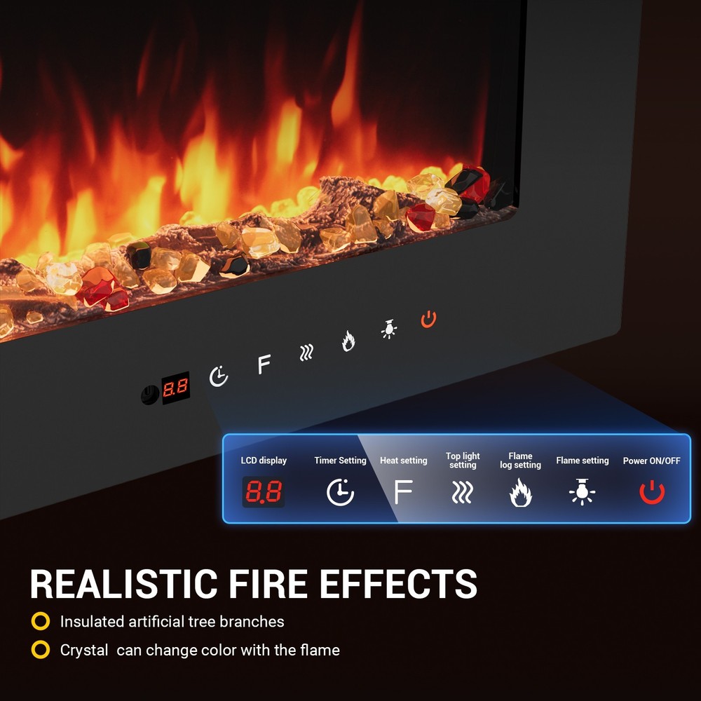 Electric Fireplace Insert 60 Inch Wall Mount Recessed Remote 12 Flame Colors