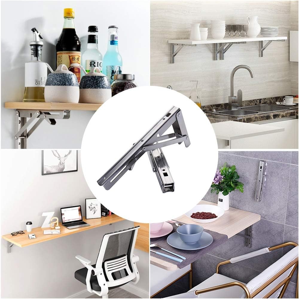 2Pcs 14" Folding Shelf Brackets Silver Wall Mount DIY Collapsible Shelf Use