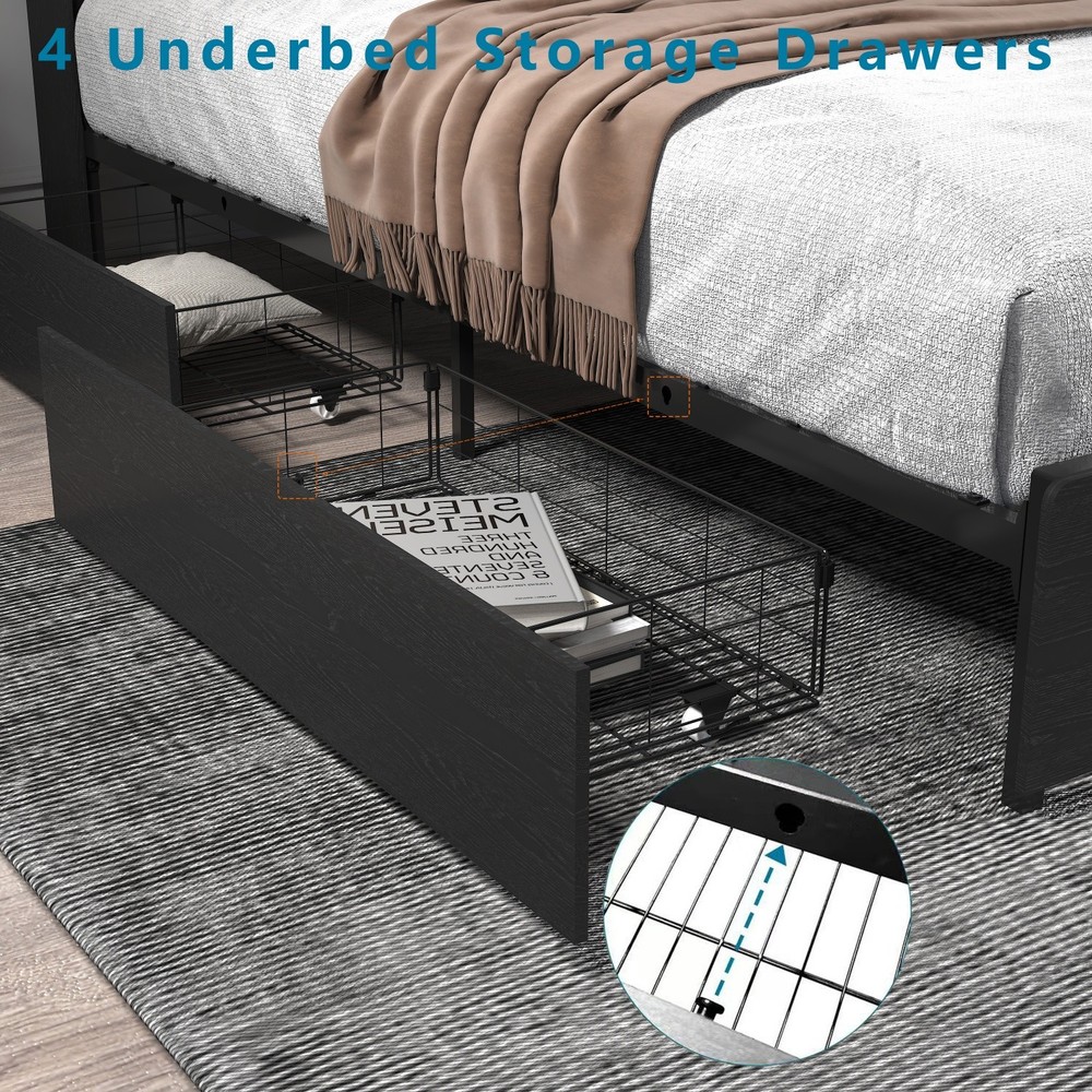 Full/Queen Size Platform Bed Frame w/ LED Lights & Storage Headboard & 4 Drawers