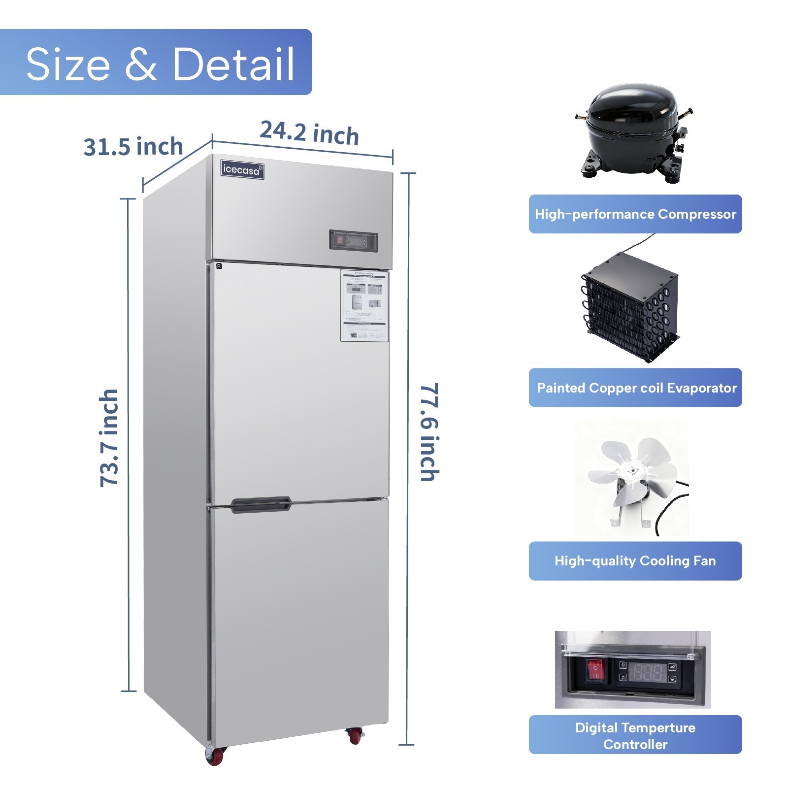 ICECASA 24" Commercial Reach In Refrigerator Split Door 15 Cu.ft Stainless Steel