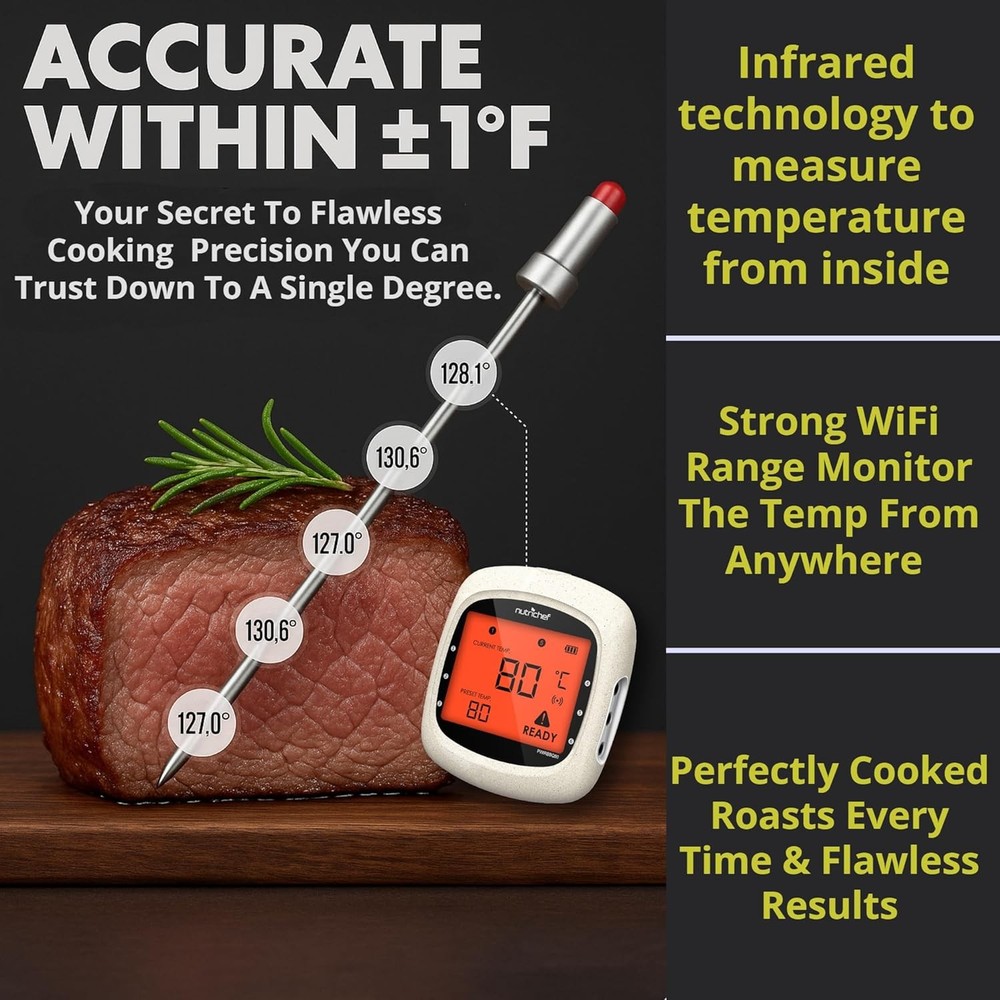 NutriChef Bluetooth Wireless Meat Thermometer for Grilling & Smoking (Open Box)