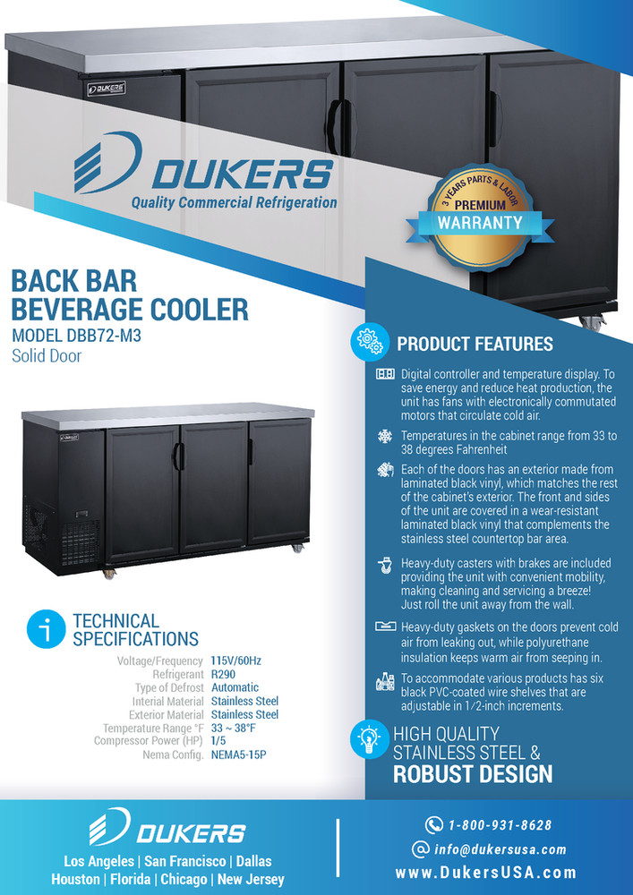 DUKERS DBB72-M3 70 3/8" 3 SOLID DOOR BACK BAR REFRIGERATOR