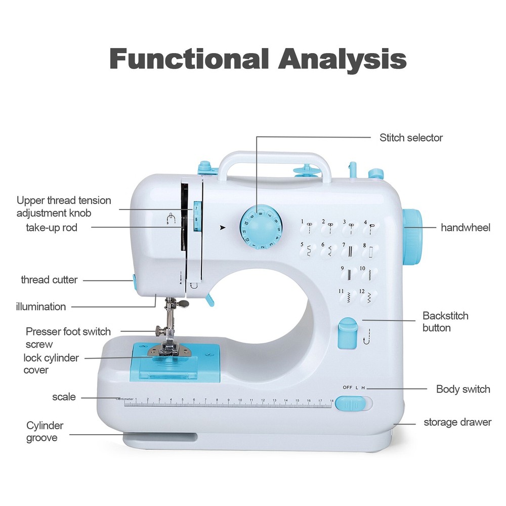 Mini Electric Sewing Machine 12Stitches Double Thread Portable US Plug Blue 110V