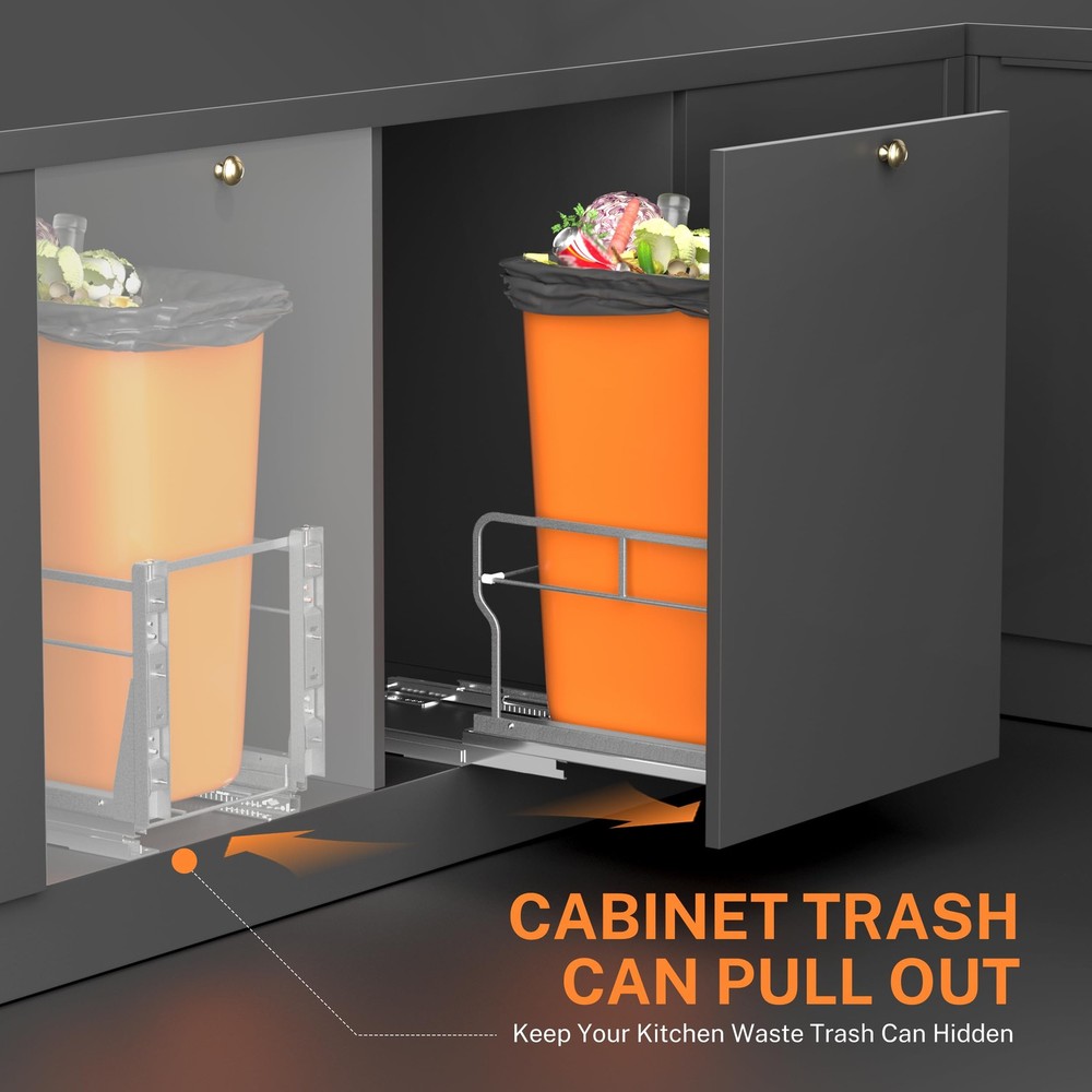 YJHome Pull Out Trash Can Under Cabinet with Soft-Close Single, Orange