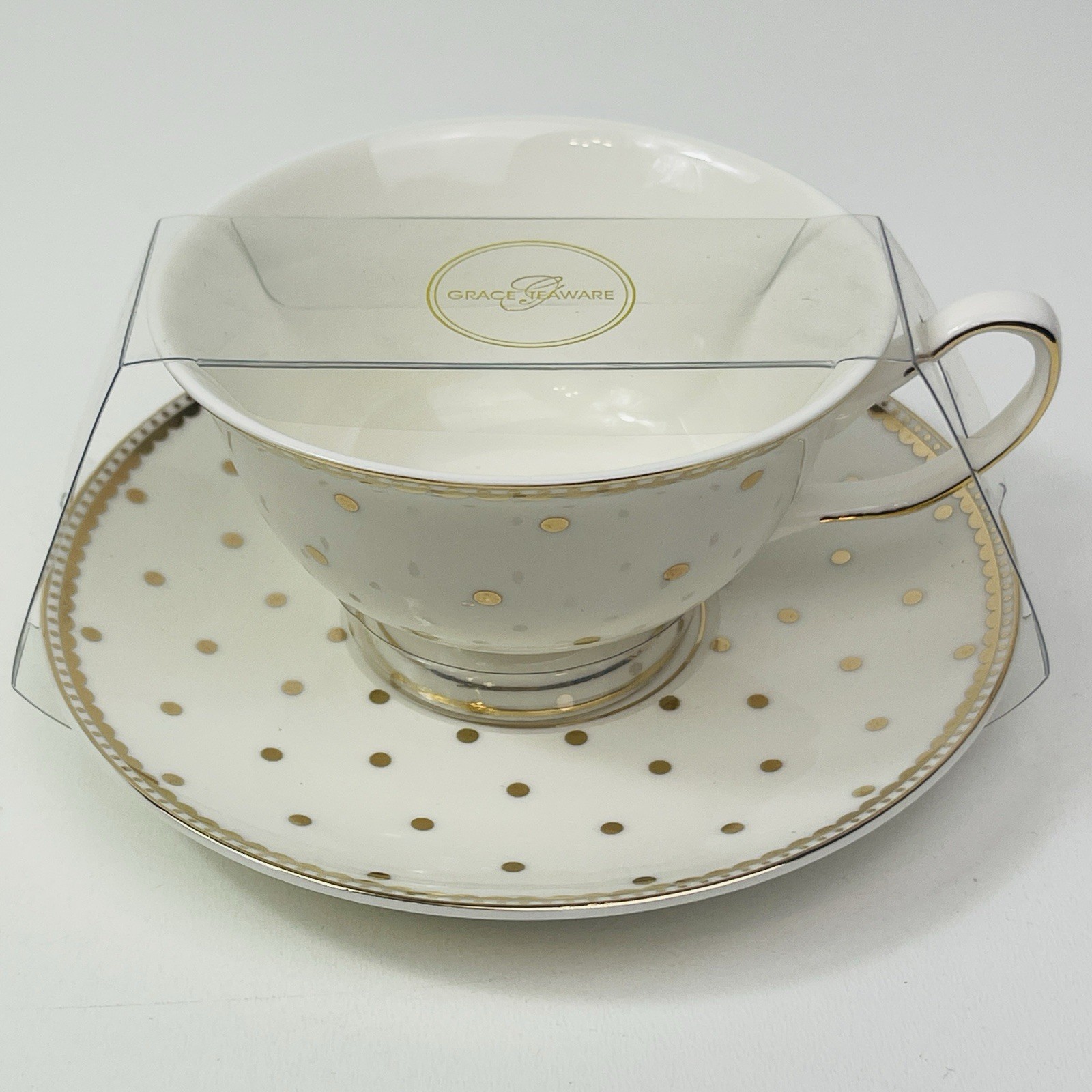 Grace Teaware Teacup Saucer White With Gold Trim Polka Dots New