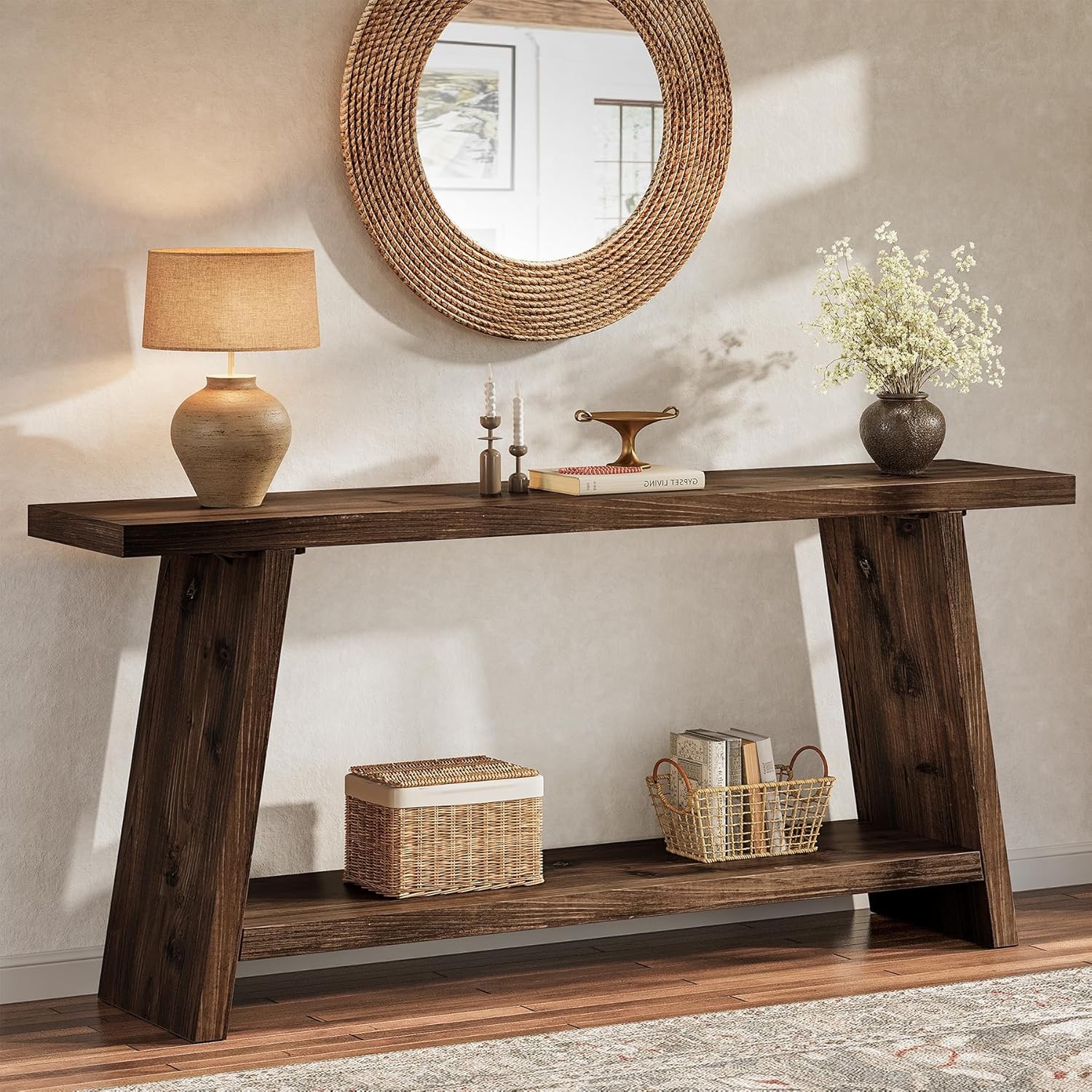 70.9 Inch Solid Wood Console Table 2-Tier Farmhouse Narrow Entryway Sofa Table