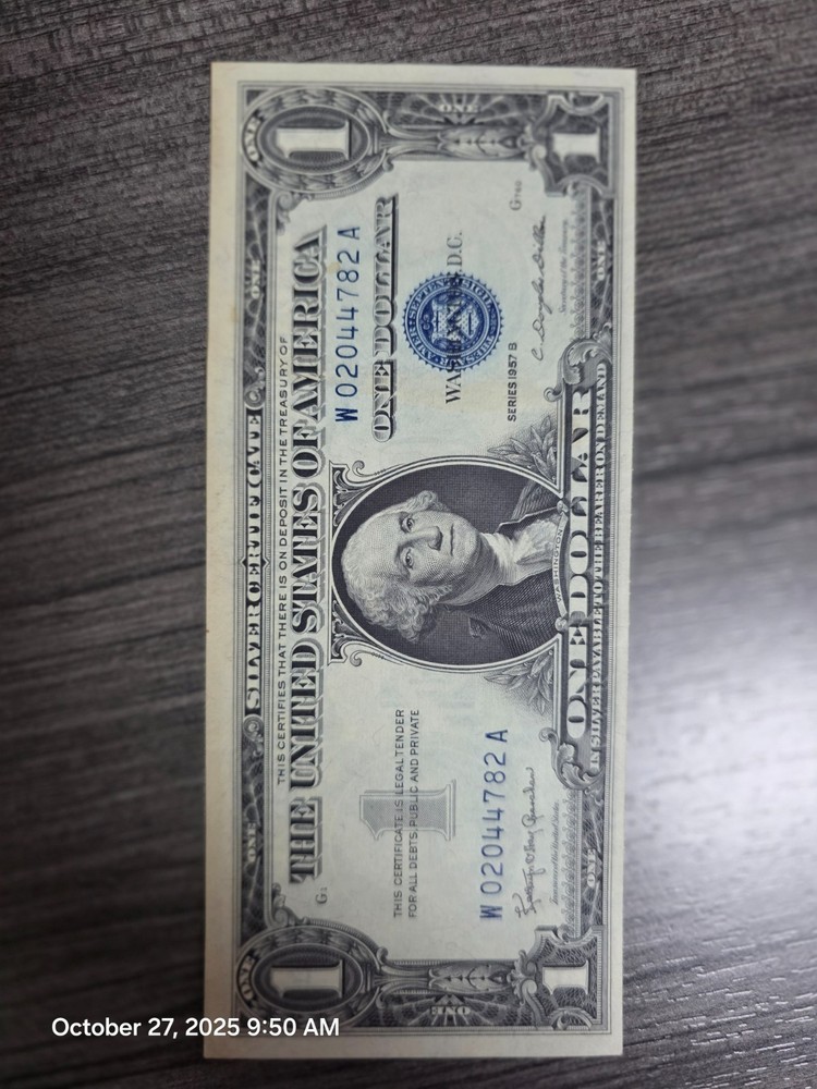 $1   1957 B Silver Certificate Misalignment Error Very Nice Note