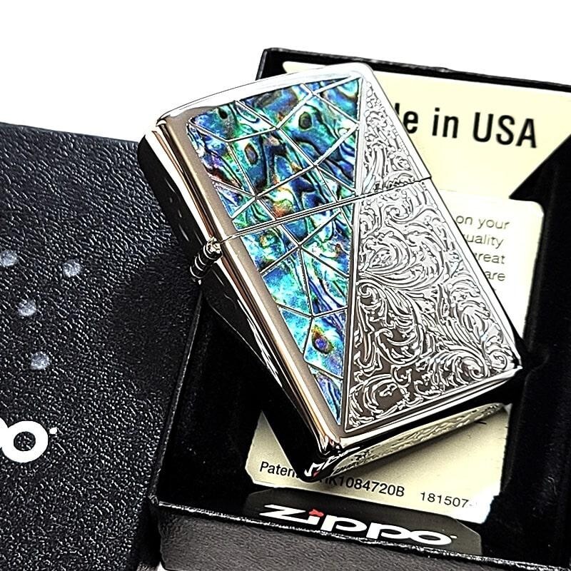 Zippo Arabesque Shell Pattern Silver Green Mirror Finish One Sided Processing