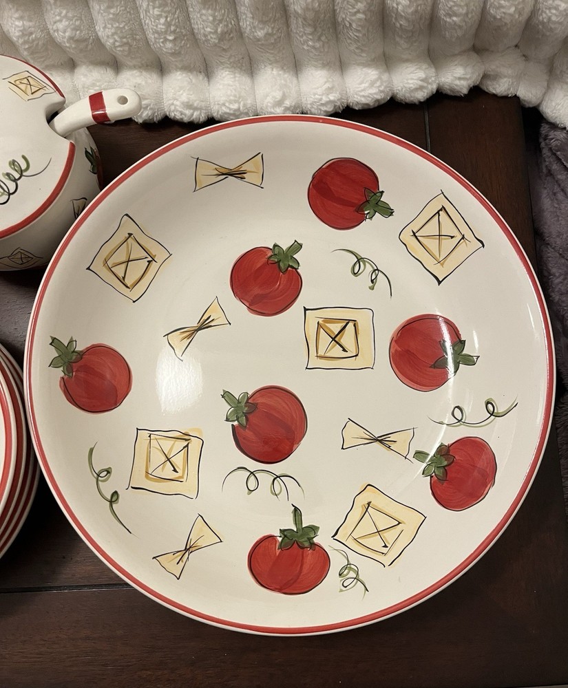 Everything Kitchen Ceramic Pasta Dinner Set Tomato & Pasta Pattern Bowls Plates