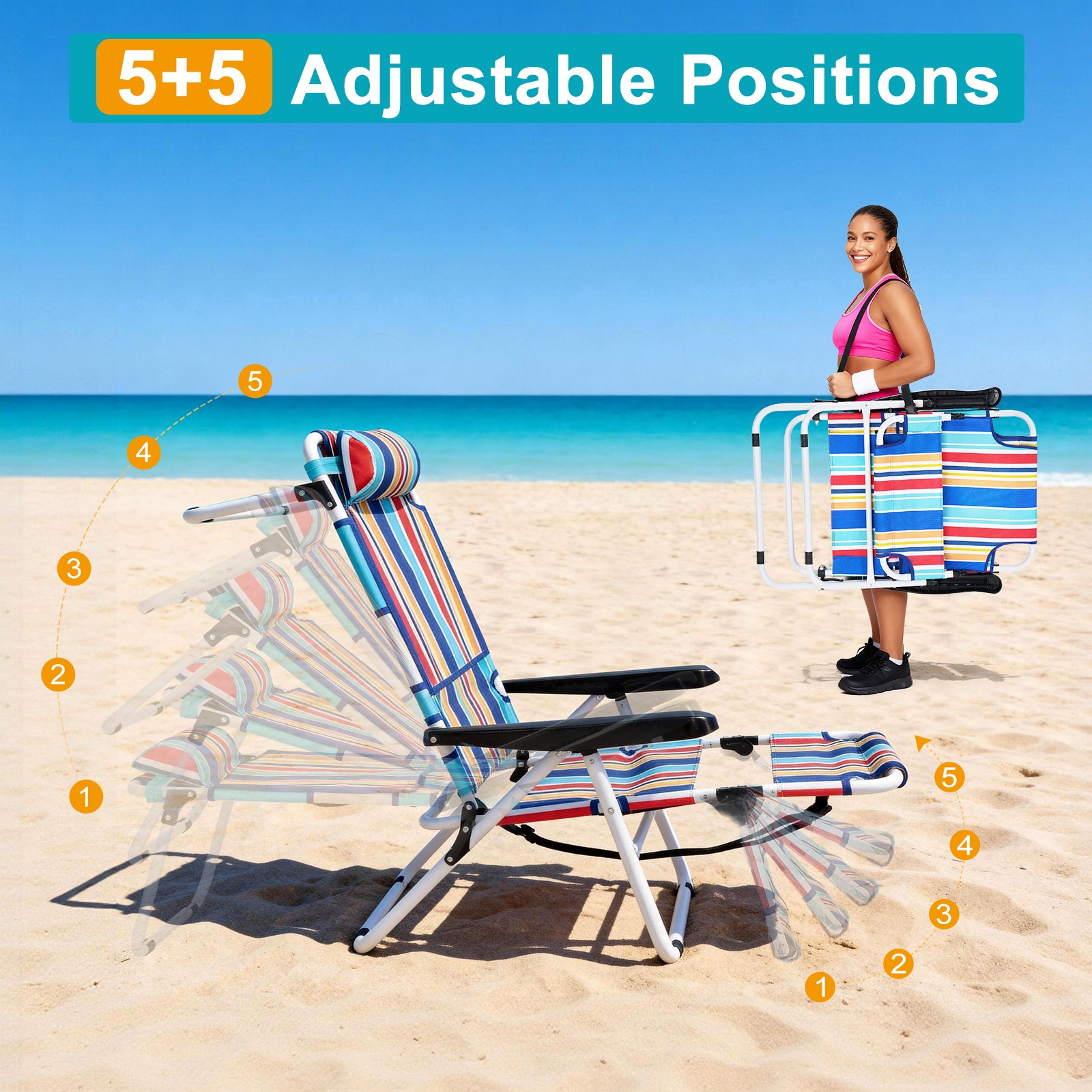NAIZEA Tanning Chair 5-Position Adjustable Reclining Beach Lounge Chair Sun Cot
