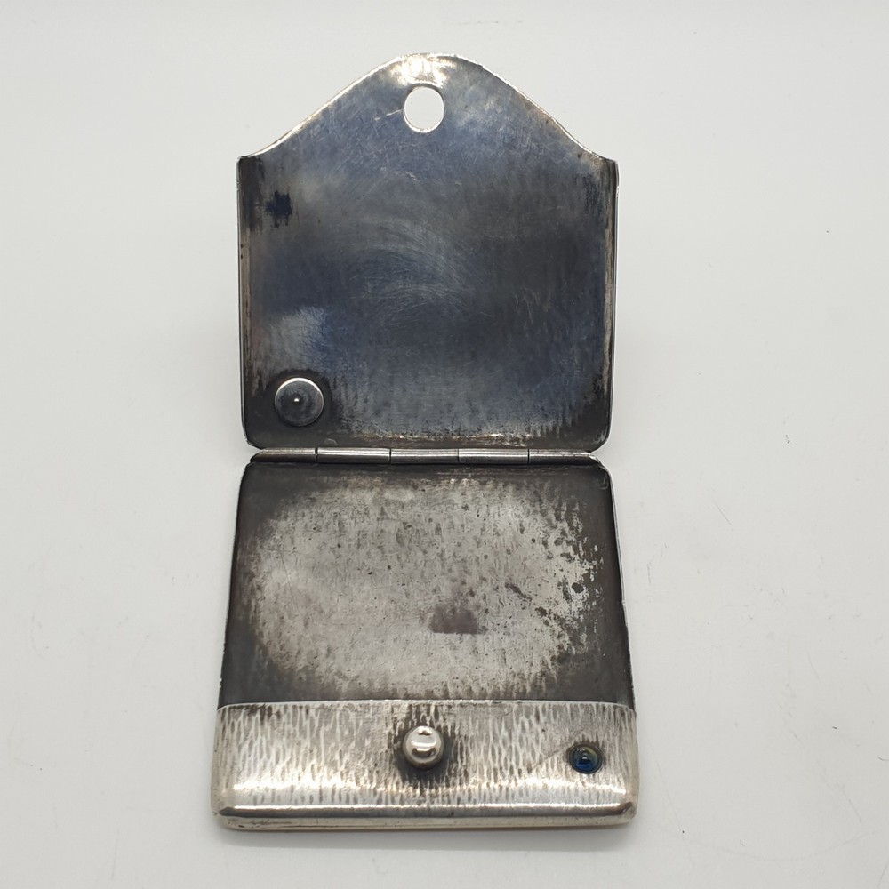 Antique 800 Solid Silver Matchbook Case Blue Stone Accents