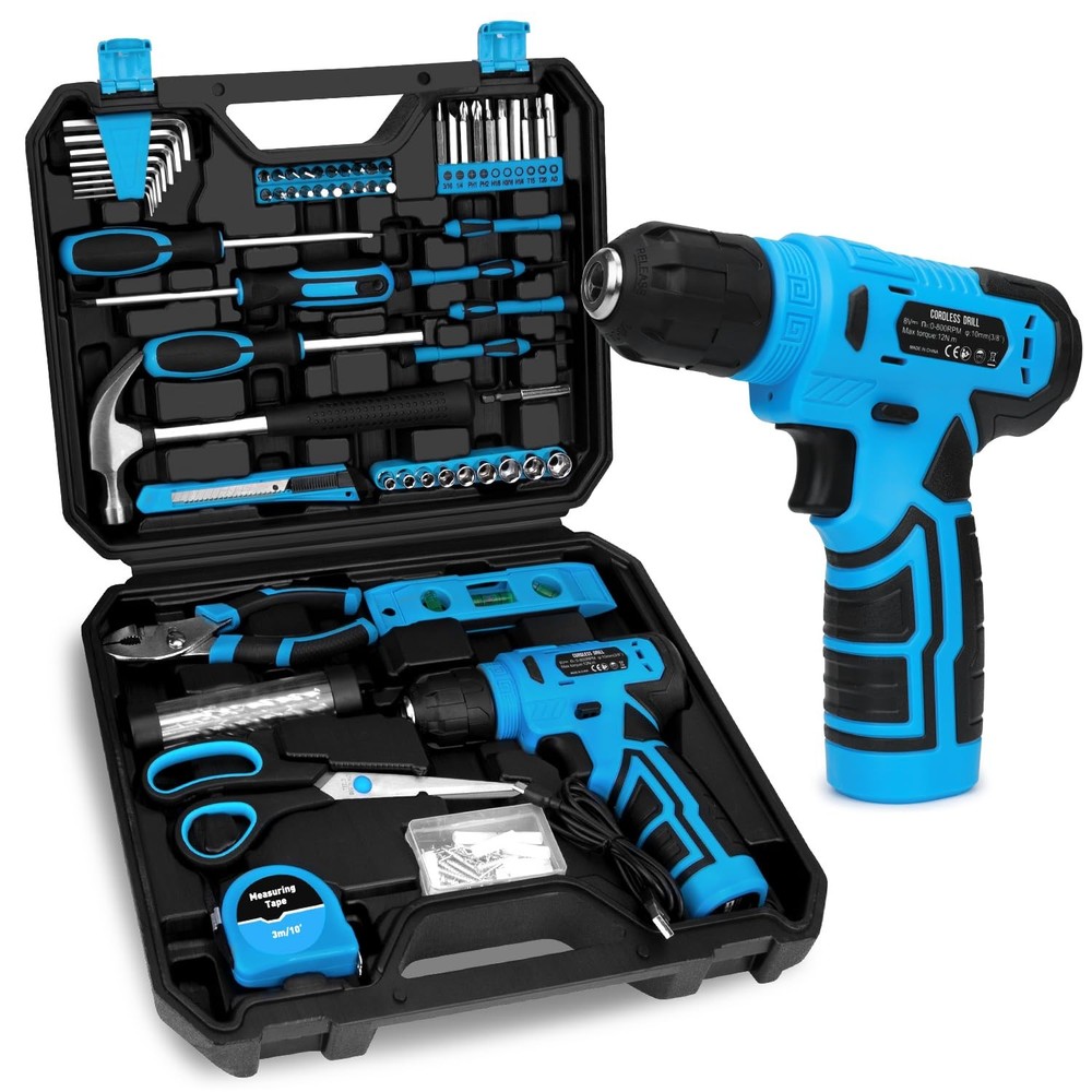 139-Piece Tool Set - Kit with 8V Cordless Drill Driver in ToolBox Blue
