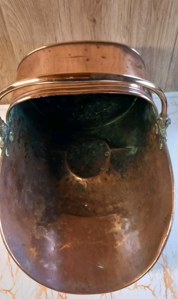 Victorian Copper Helmet Coal/ Log Scuttle With Hammered Finish Swing Handle.
