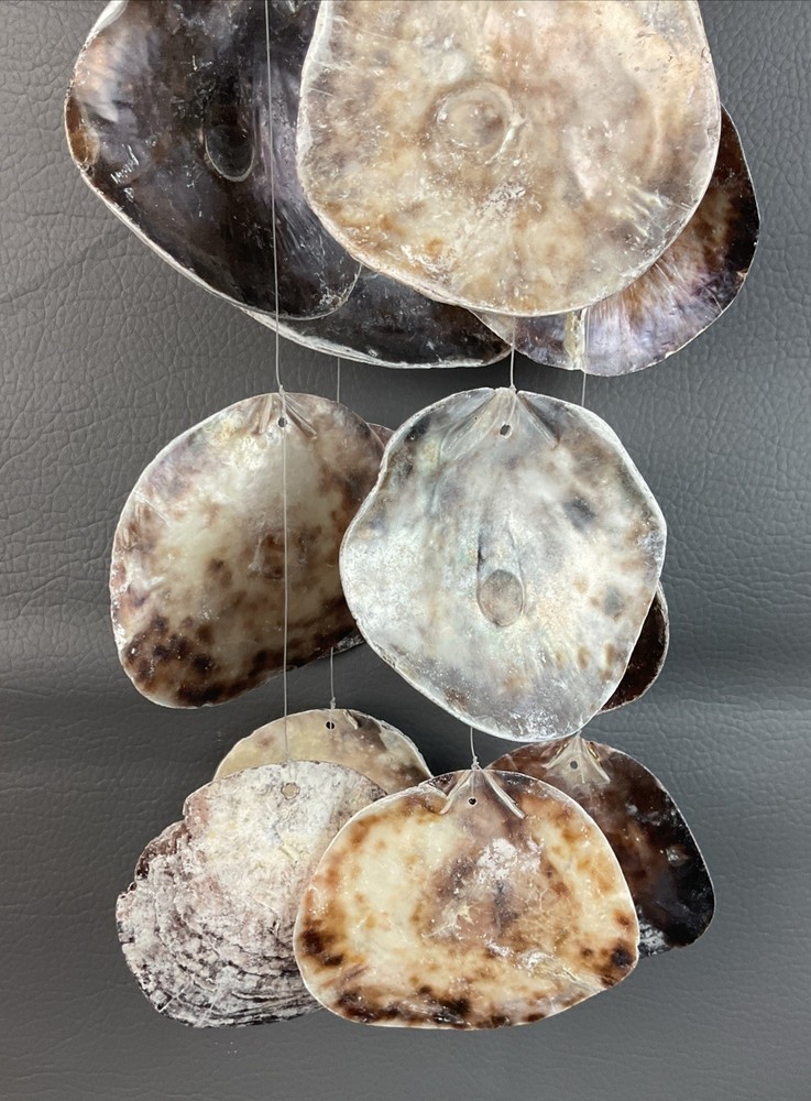 Vtg Capiz & Coconut Shell Boho Macrame Hanging Wind chime Home Decor