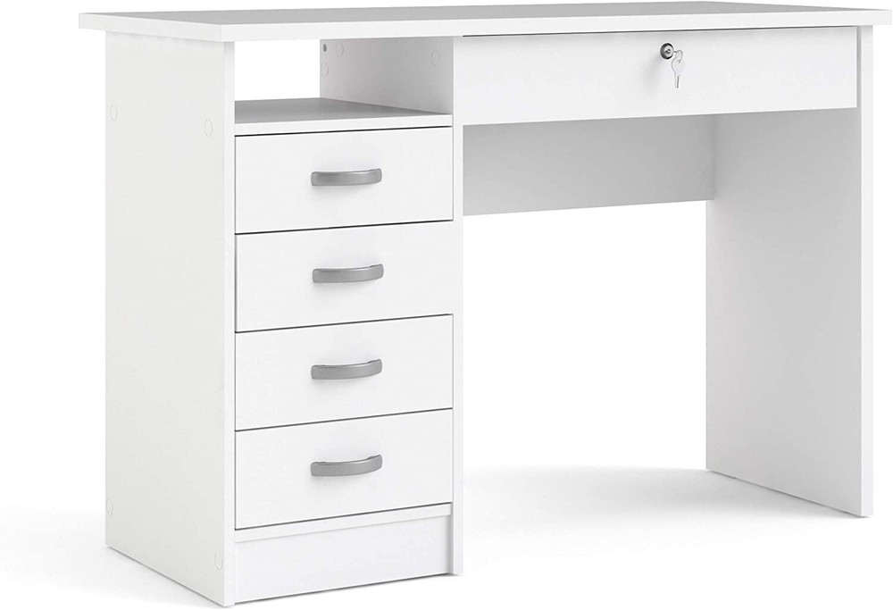 43 in. Rectangular White 5 Drawer Writing Desk with Locking Feature