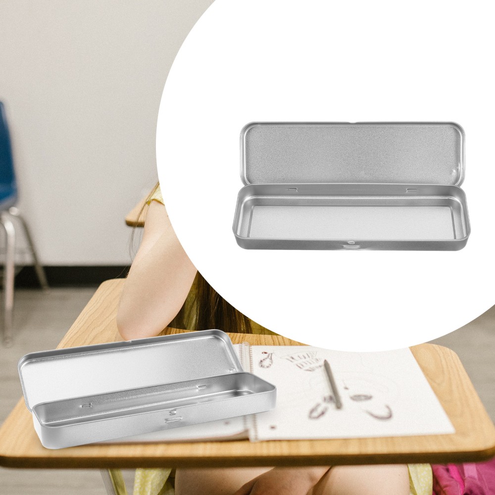 Pencil Case Rectangular Hinged Tin Box Silver Pens Office for Kids