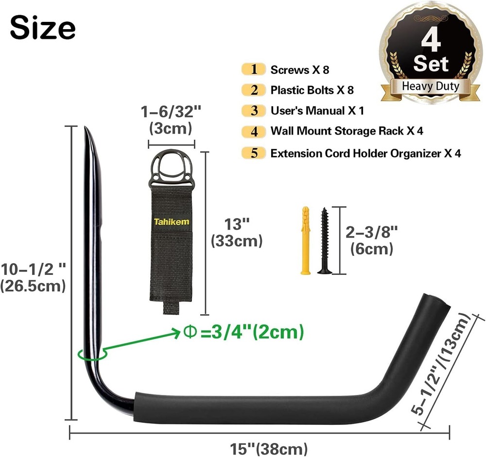 Easy Install Kayak & Bicycle Wall Hooks - Max Load 50lbs, Black Storage Solution