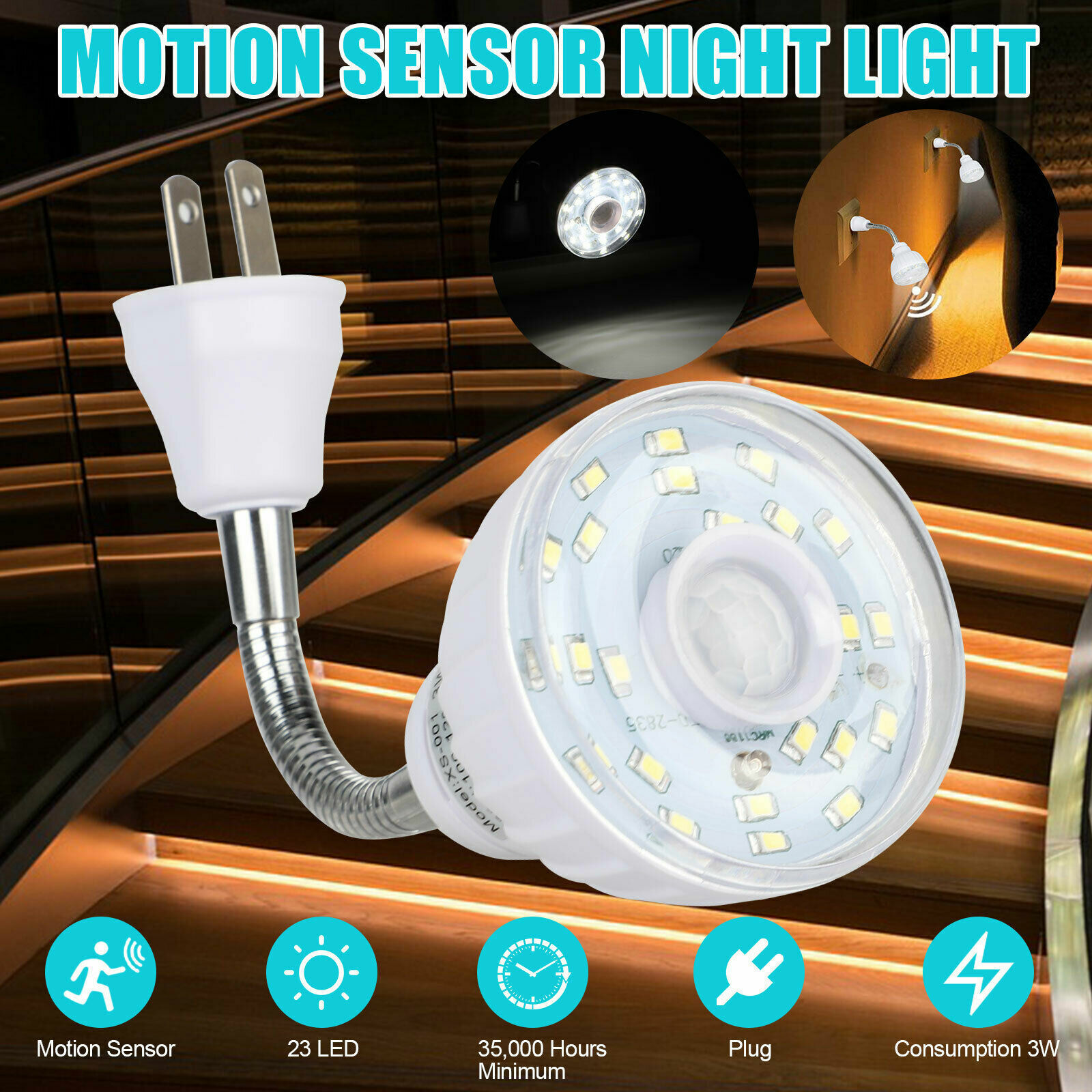 LED Sensor Night Light Motion-Activated AC Outlet Plug-In Wall Stair Lamp Indoor
