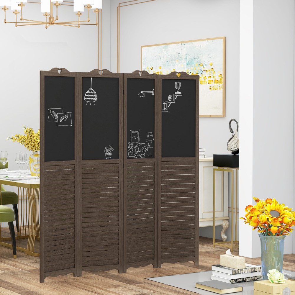 4-Panel Folding Room Partition Divider Wall, Privacy Screen w/ Blackboard, Brown