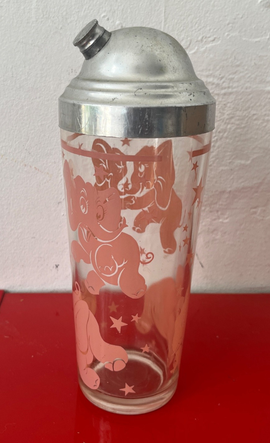 Mid Century  MCM Barware Hazel Atlas Dancing Elephants Cocktail Shaker 1950s