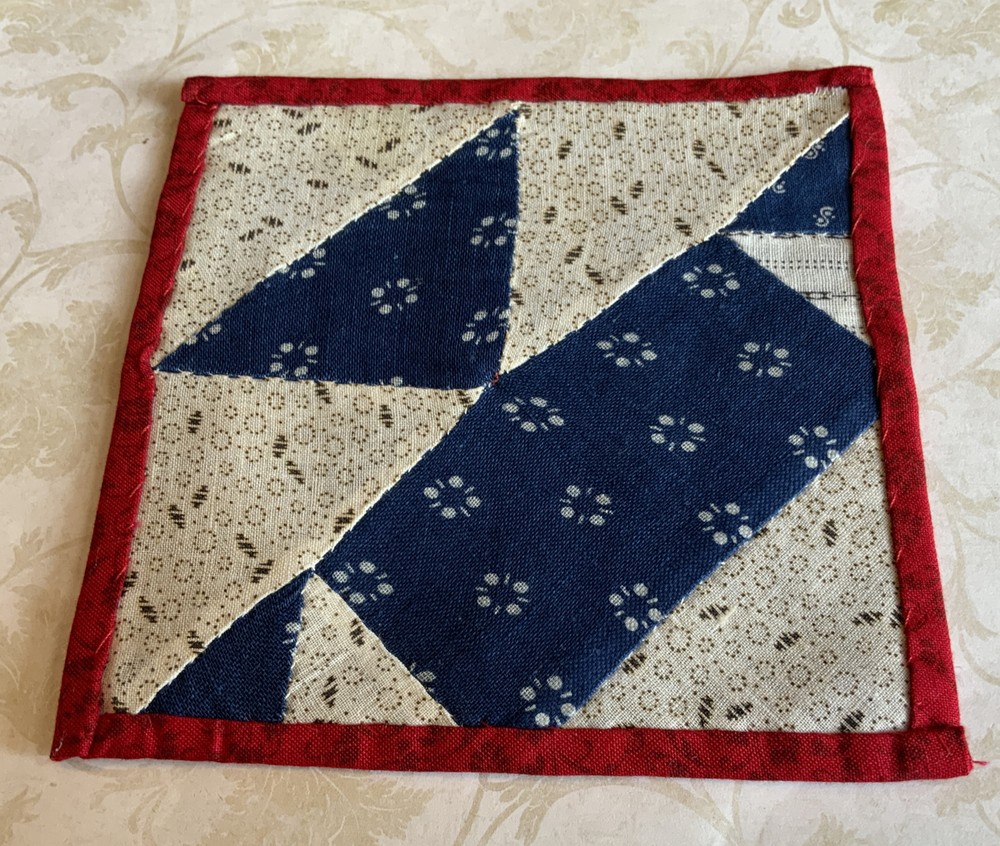 Vintage Patchwork Sm. Quilt Table Topper, Triangles, Early Calico Prints, Navy