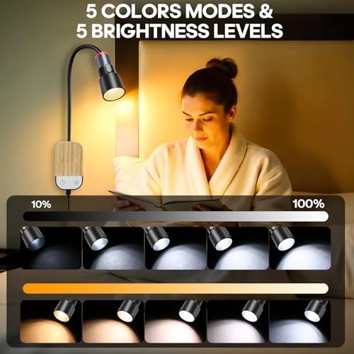 LED Wall Mounted Reading Light, Book Light for Reading in Bed with Touch Black