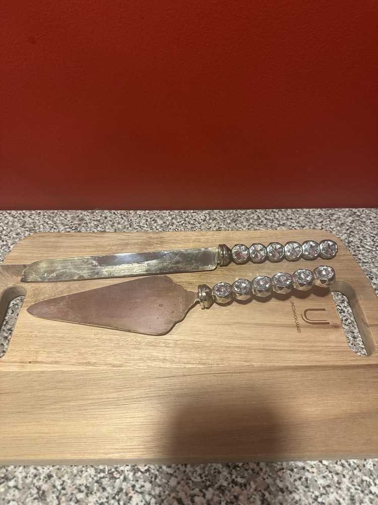 Wedding Cake Knife Server Set Clear Stone And Silver Color