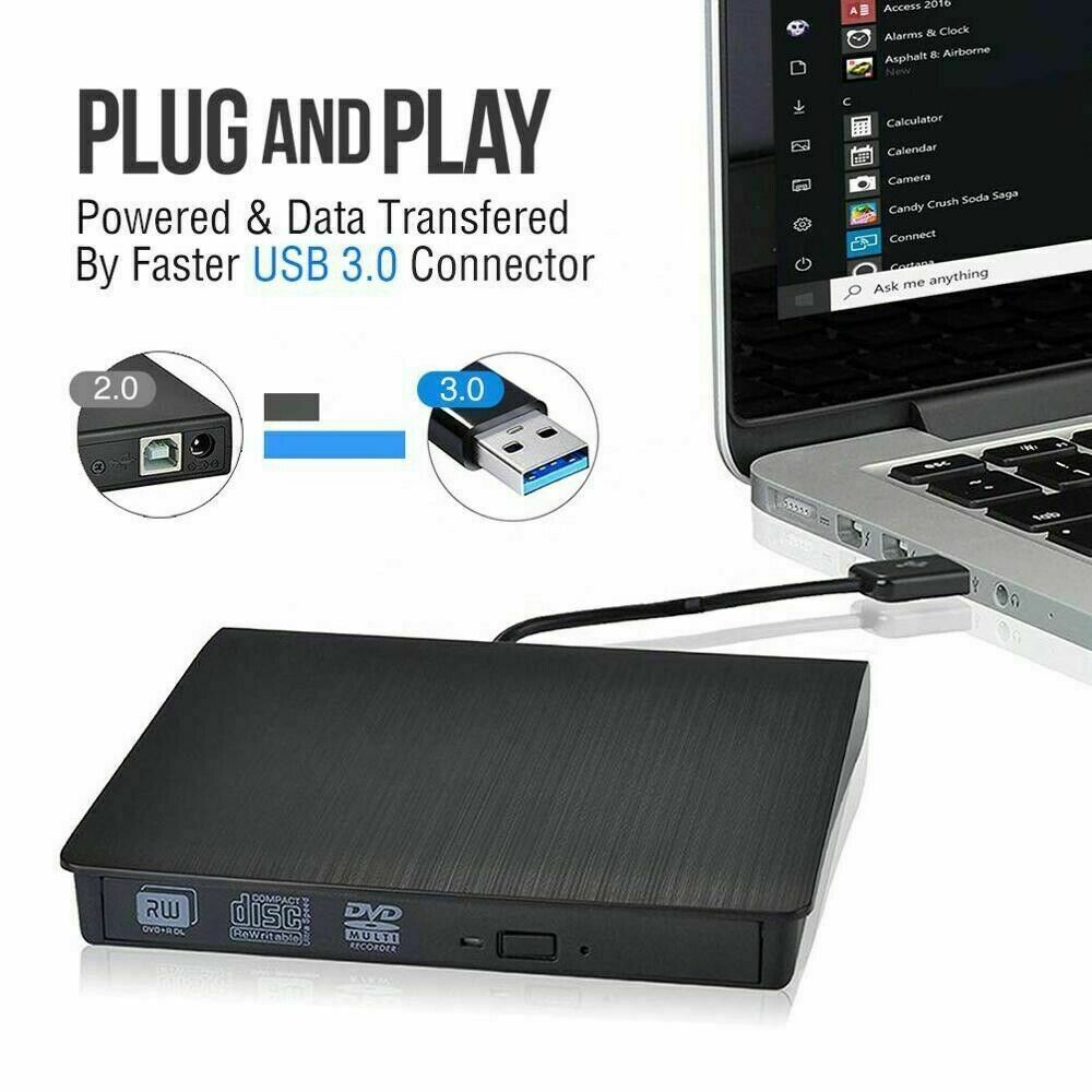 Slim External CD/DVD Drive USB 3.0 Player Burner Reader for Laptop PC Mac HP
