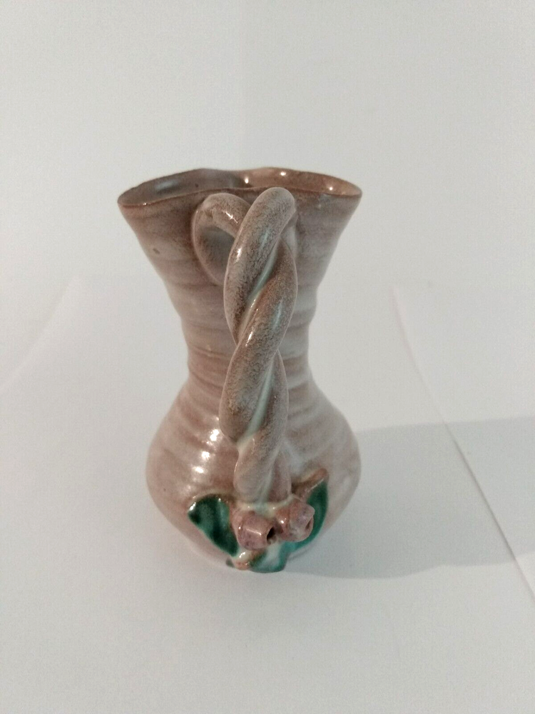 Vintage Pottery Pitcher Handmade Twisted Handle Signed
