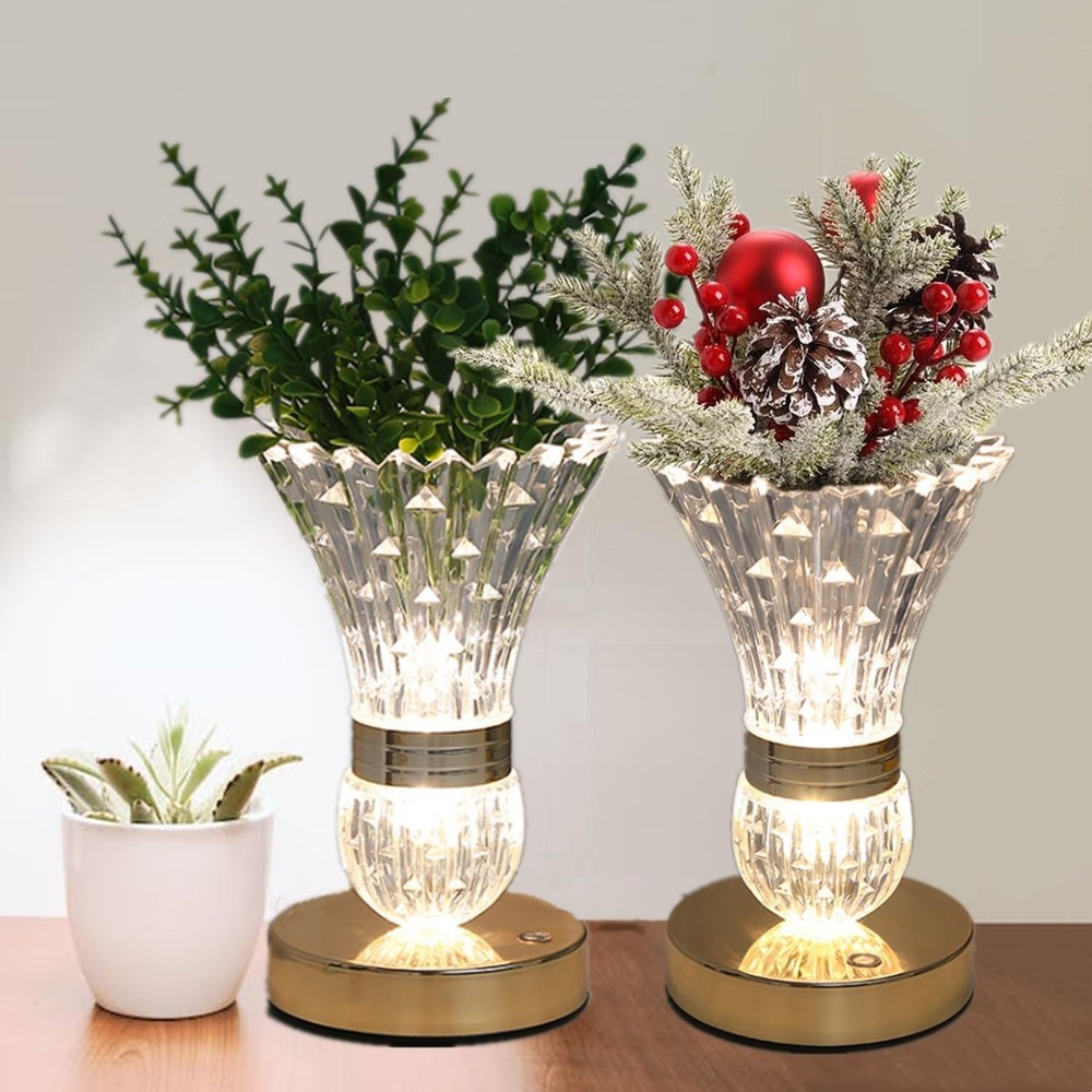 Crystal LED Vase Table Lamp, Touch Control, Night Light, Dimmable, Rechargeable