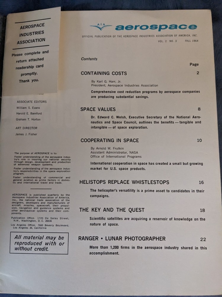 Aerospace Offical Industry publication For Scientists Engineers Fall 1964