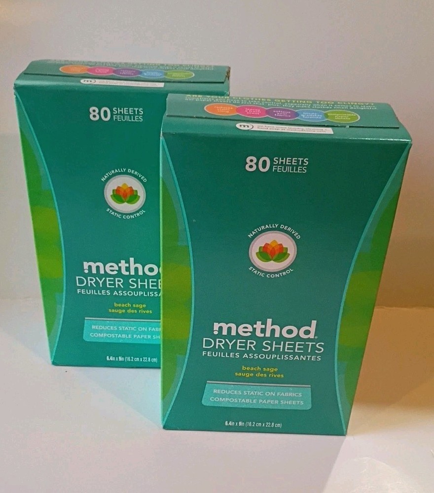2x Method Dryer Sheets Scent: Beach Sage 80 Sheets Per Pack New