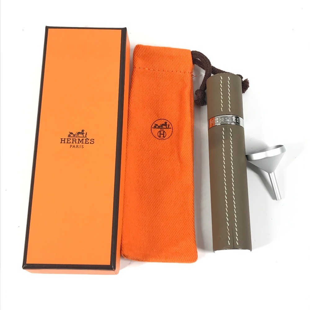 HERMES refillable Atomizer perfume case accessory case Leather Etoupe gray