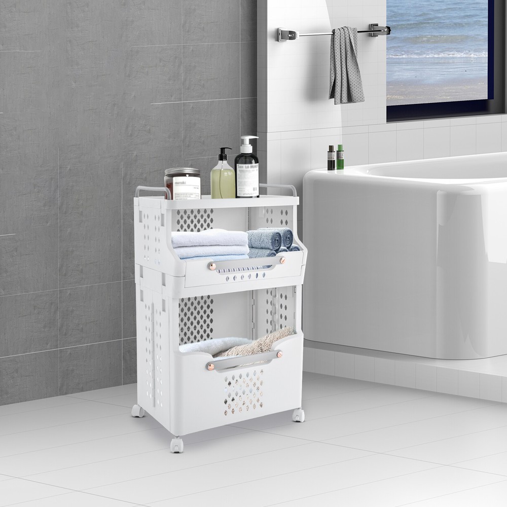 2-tier Movable Laundry Basket Laundry Hamper w/ Wheels Laundry Stackable Basket