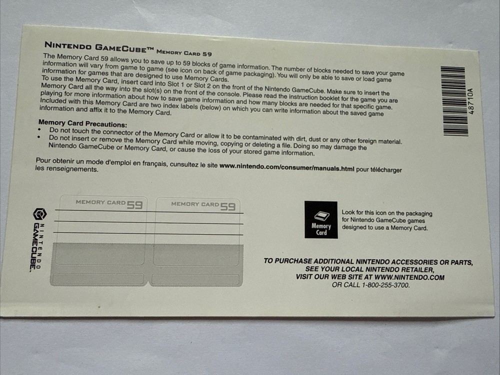 Nintendo Gamecube Console System Memory Card 59 Sticker Label Insert ONLY