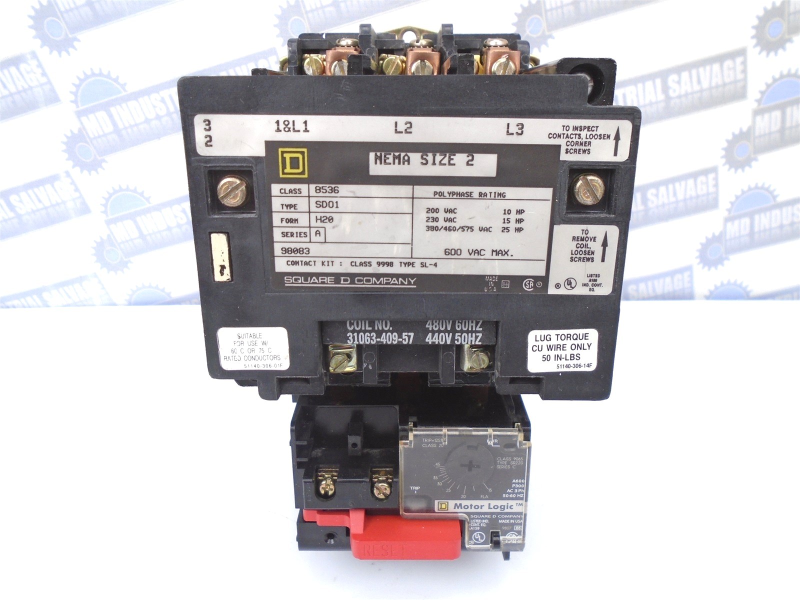 SQUARE-D 8536SDO1H20 Sz2 MOTOR STARTER LOGIC 10-25HP Coil 480V 45A New CONTACTS