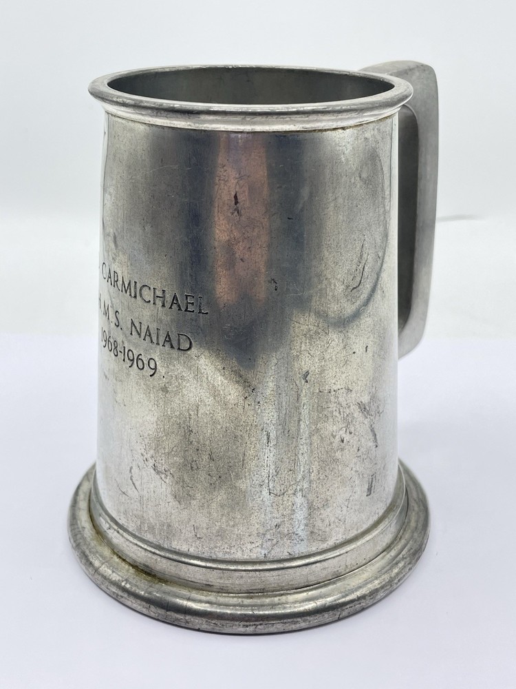 Post WW2 British Royal Navy HMS Naiad Tankard Presented To D Carmichael 1968-69