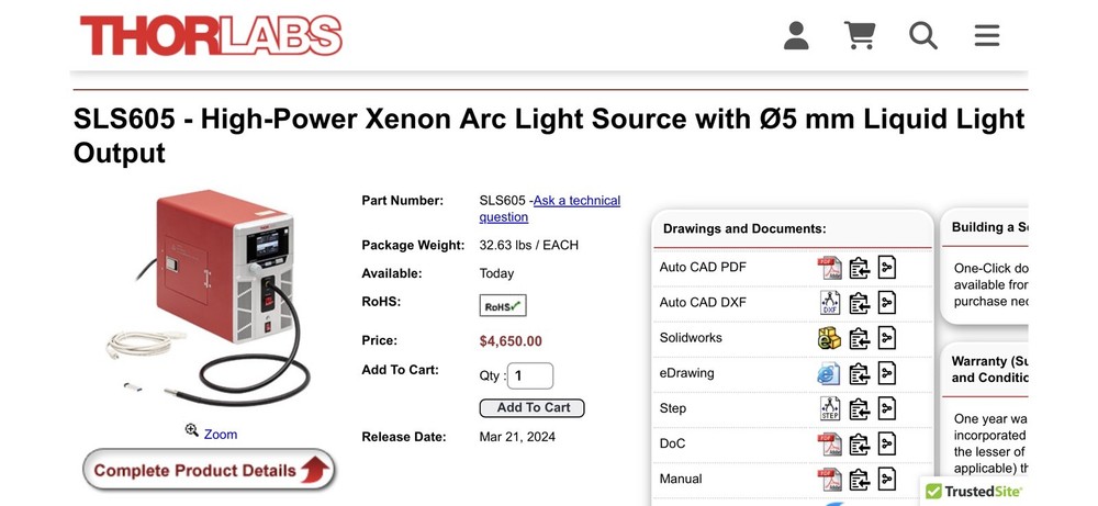Thorlabs Plasma Light Source HPLS345 w/ Light Guide