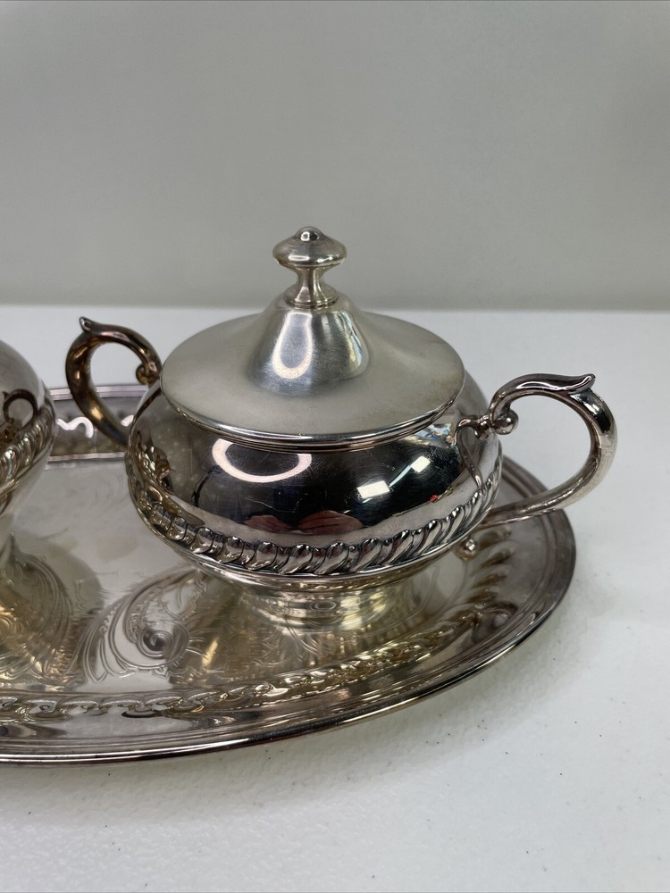 Creamer & Sugar Bowl w/ Tray Silver on Copper Silverplate Braid Rope Set 3 VTG