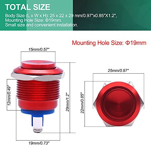/19mm Waterproof Metal Shell Momentary Raised Top Push Button Switch Red