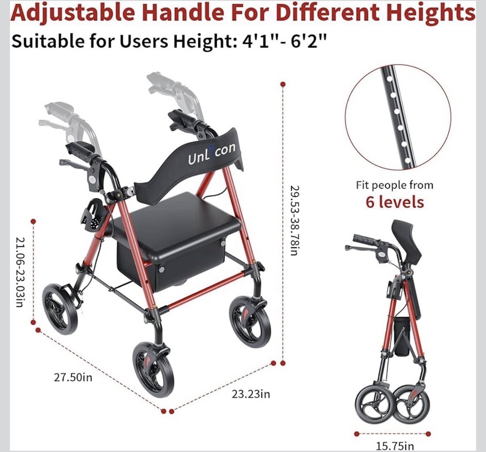 Unicon Adjustable Rollator Walker 4-Wheel Red Black Backrest Foldaway Compact
