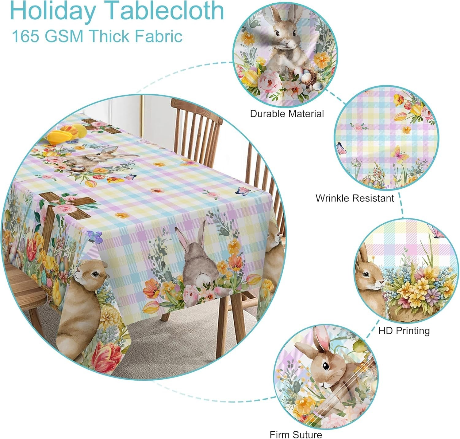 Easter Tablecloth, Easter Table Cloth Rectangle 60 X 84 with Bunny and Eggs, Buf