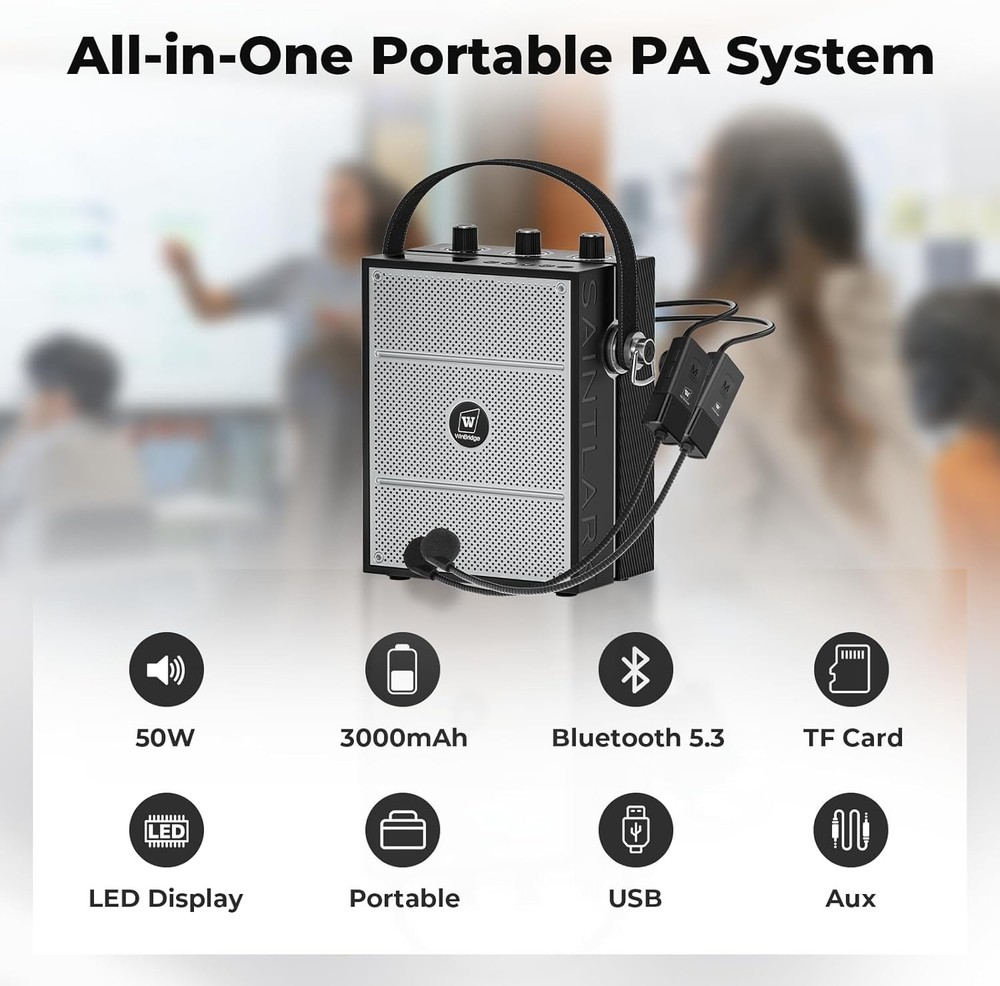 Wireless Bluetooth Amplifier, Portable, w/ 2 Headset Microphones for Instructors