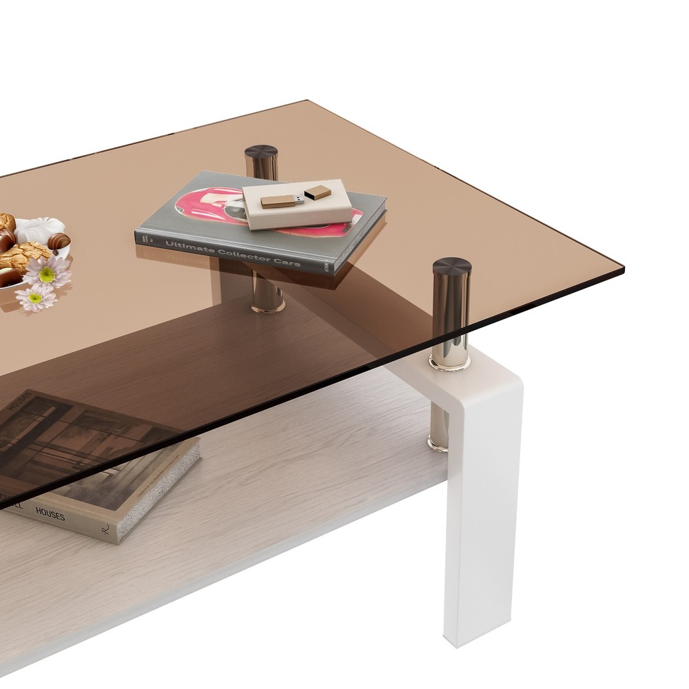 Rectangular coffee table with tempered glass tabletop featuring MDF layer