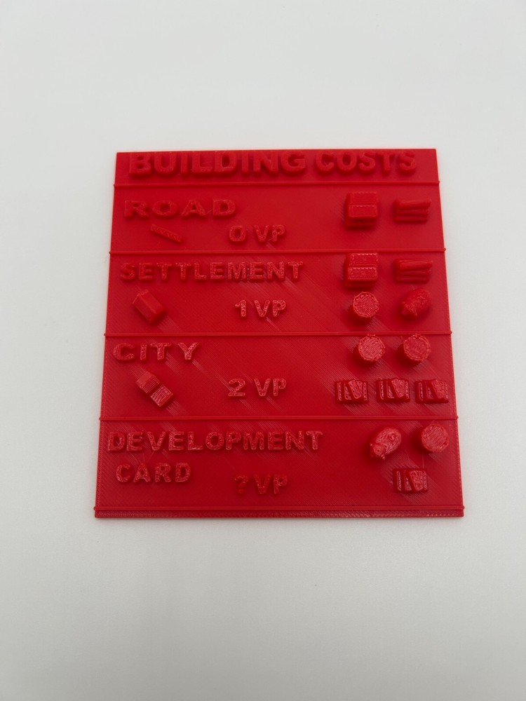 Catan 3D Printed Building Cost Card Base Game - Various Colors!