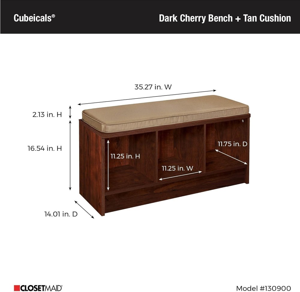 Functional 3-Cube Storage Bench in Dark Cherry with Tan Cushion - Easy Assembly