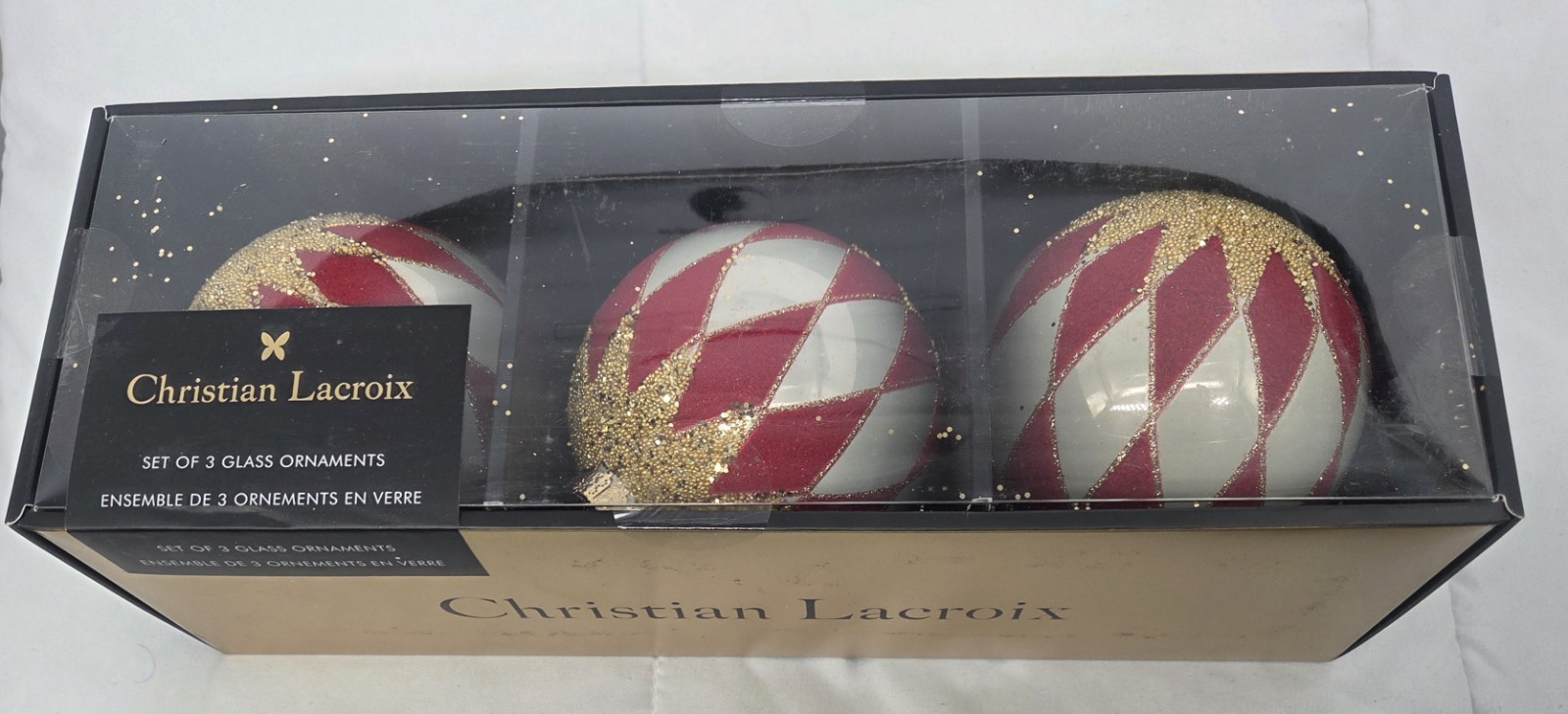 Set of 3 Christian Lacroix Harlequin Glass 4" Christmas Ornaments Gold Red White