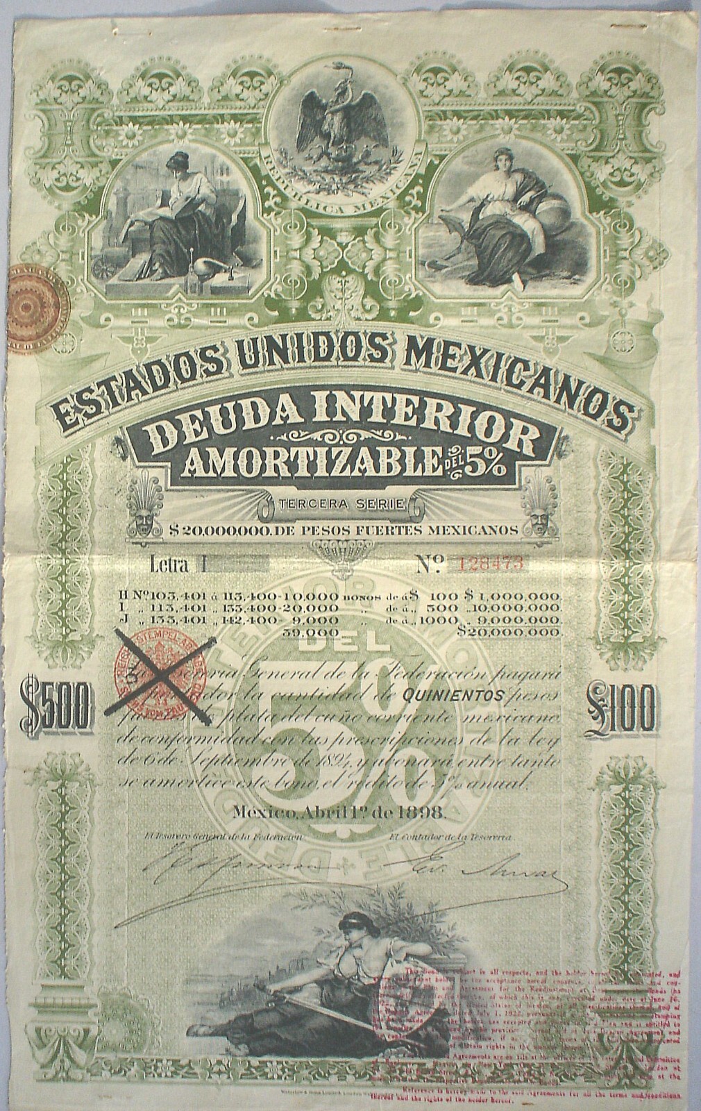 6 x ESTADOS UNIDOS MEXICANOS BONDS 5 x 500 + 1 x 1000$ = £100 + £200 uncanceled