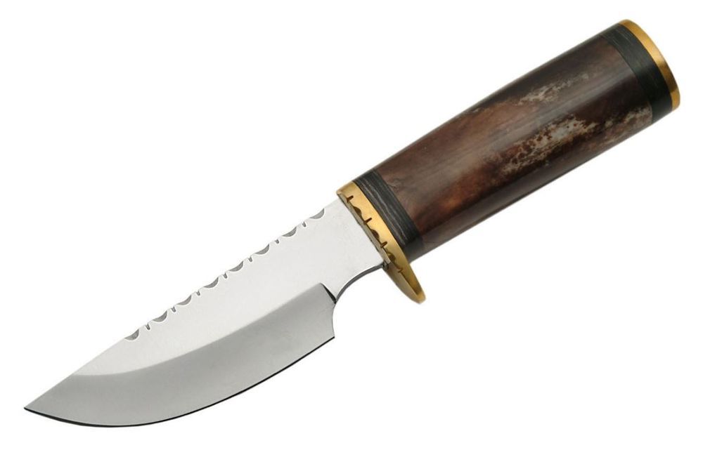 Hunting Knife | Fixed-Blade Brown Bone Handle Skinner + Leather Sheath